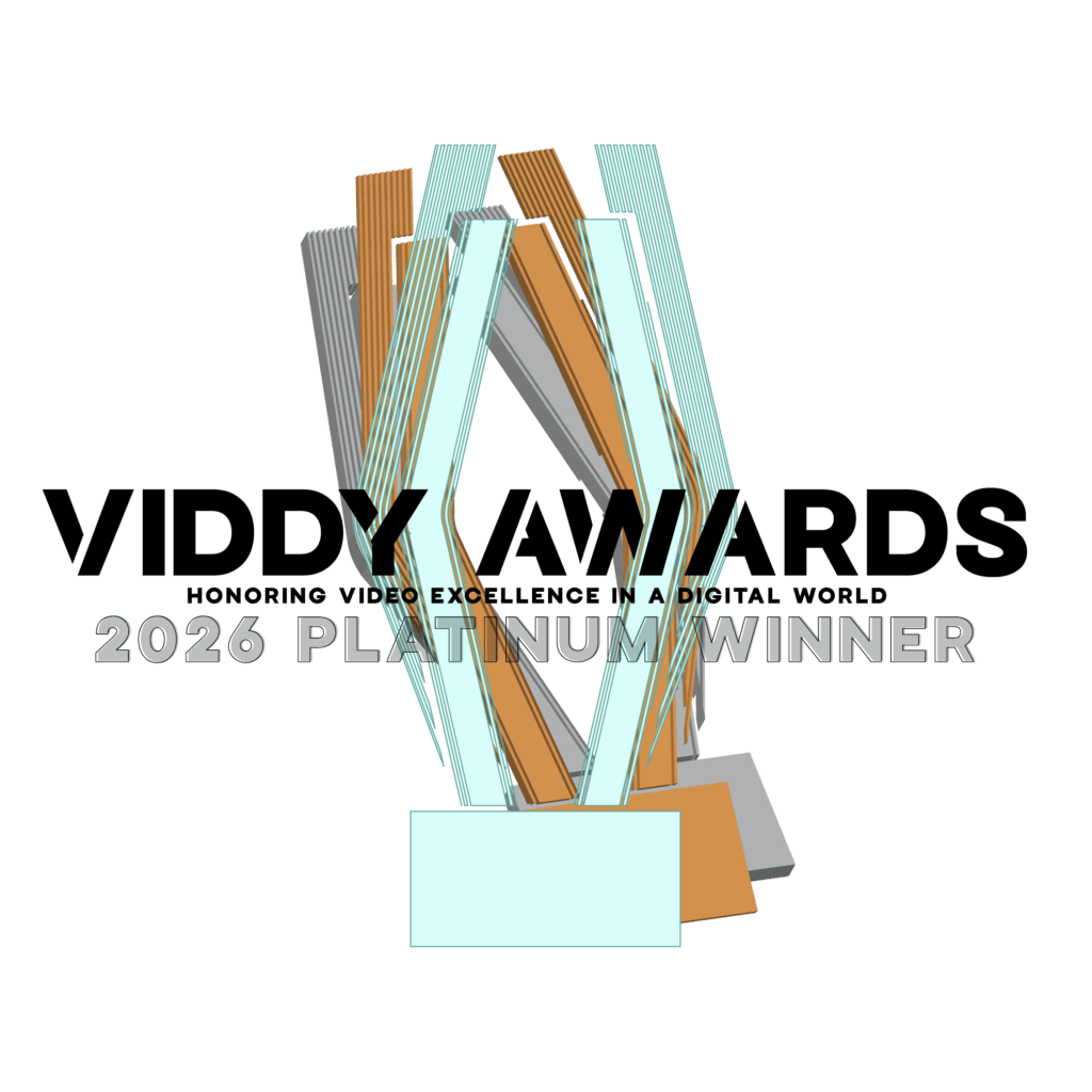 Abstract Viddy Awards trophy behind bold black text: "VIDDY AWARDS 2026 PLATINUM WINNER.
