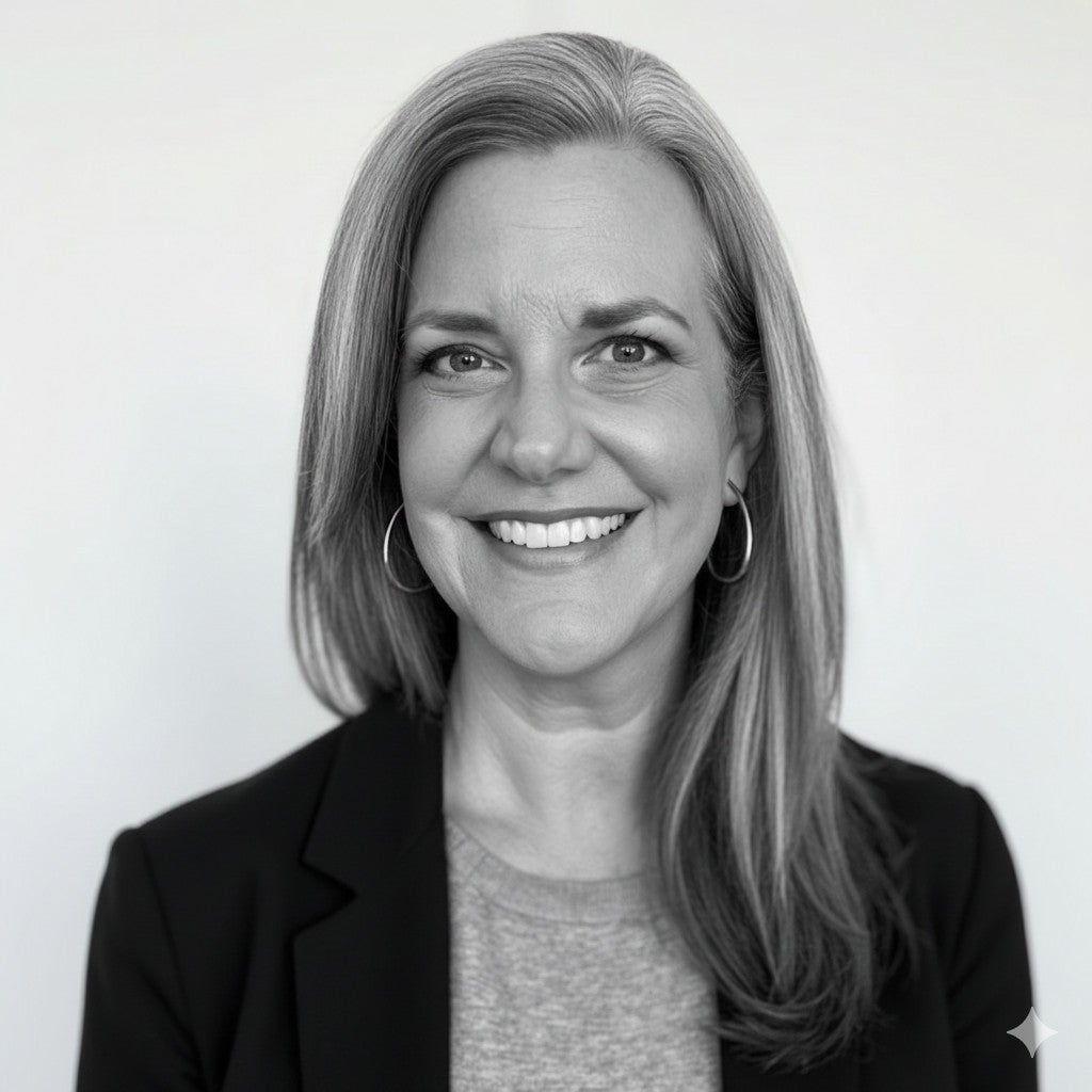 Smiling woman with straight, long hair wearing a blazer and hoop earrings against a plain background.