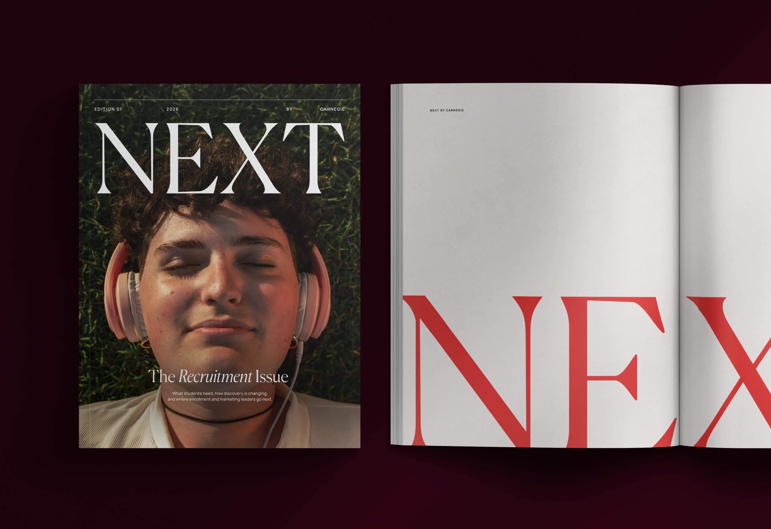 Magazine cover with a person wearing pink headphones and the title "NEXT"; inside pages show large red text.