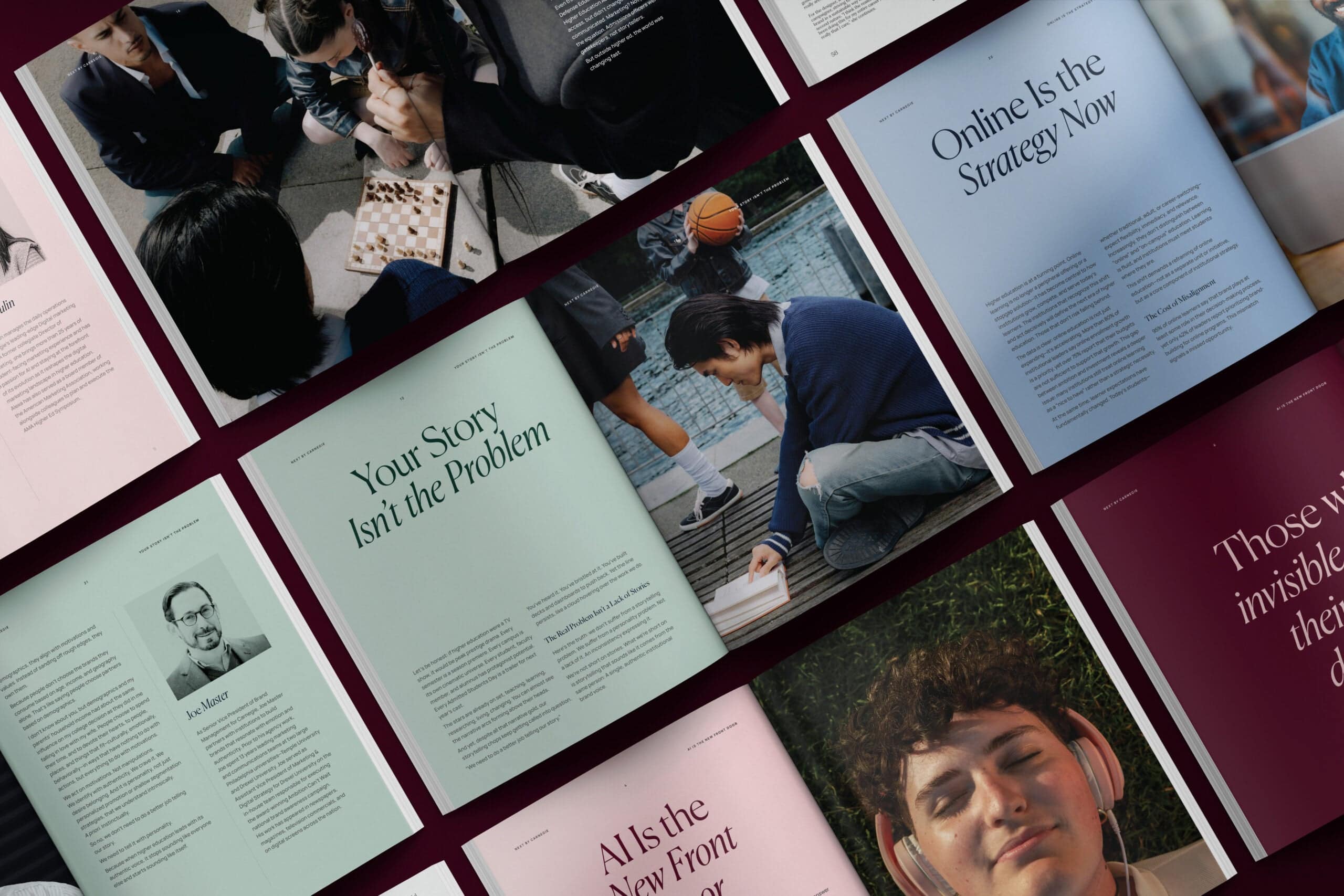 A magazine layout with various articles, photos of people, and text on colorful pages arranged side by side.