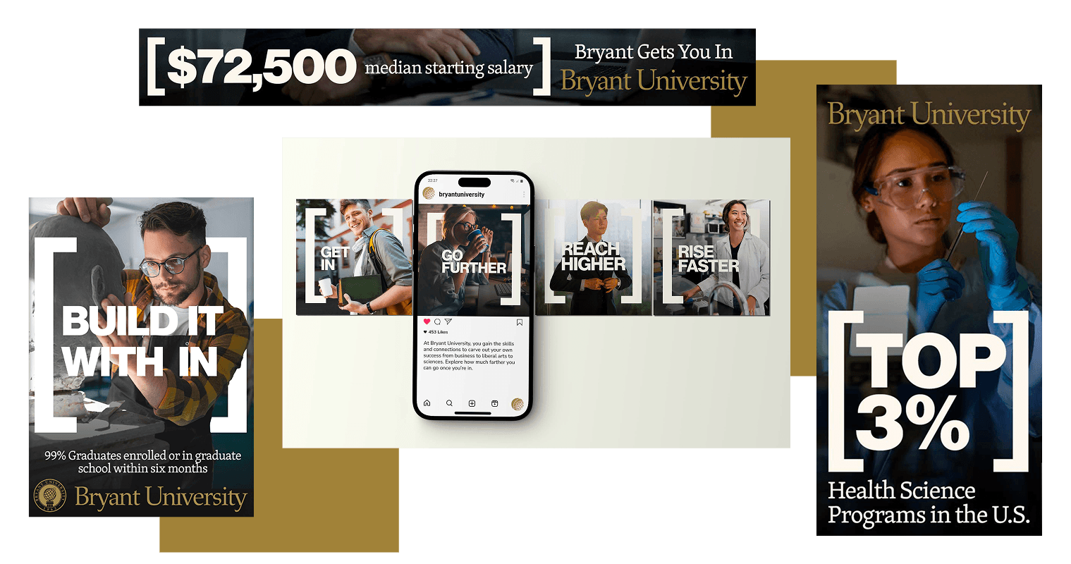 A collection of Bryant University marketing materials highlighting graduate outcomes, program rankings, and student life.