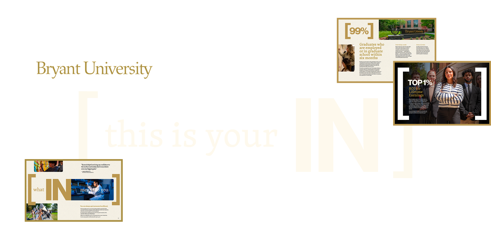 Bryant University promotional brochure spreads highlighting employment statistics, ROI, and student experiences.