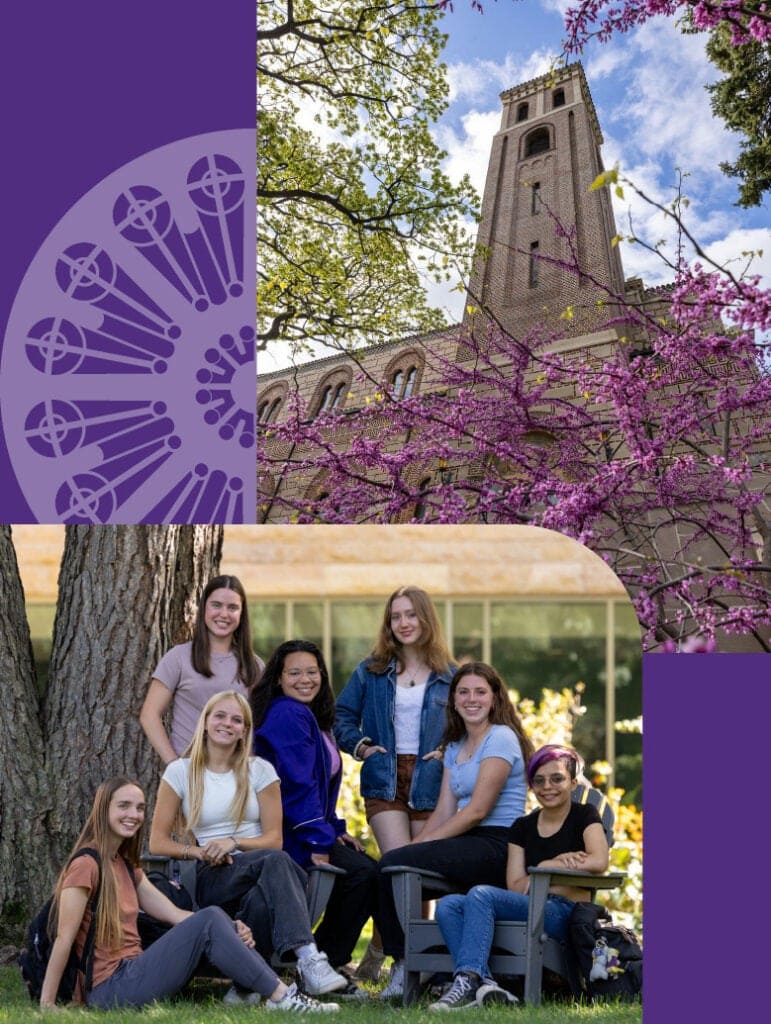 Seven young women sit and stand together outdoors, smiling, with a tall brick building and blooming trees in the background, purple graphic accents on the side.